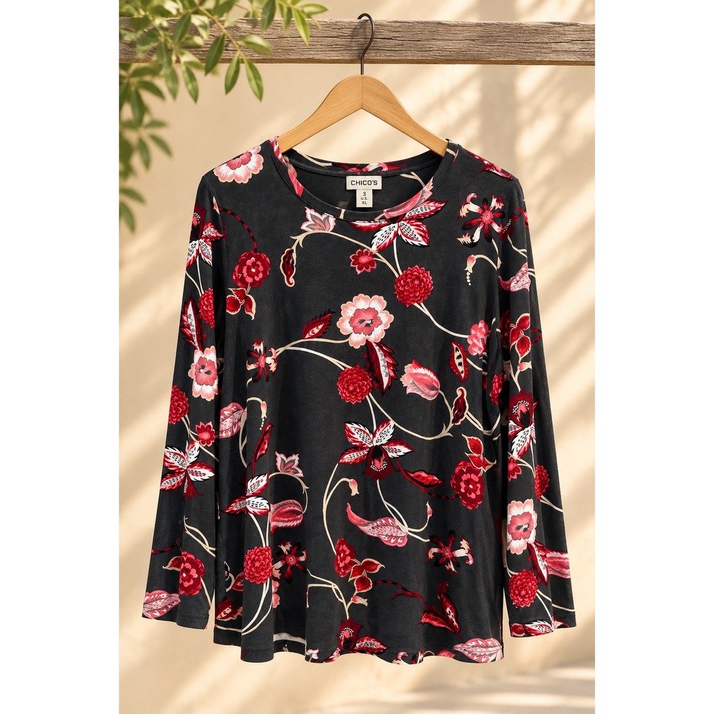 Chicos Floral Long Sleeve Top Black Red Pink Size 3 XL Crew Neck Stretch Shirt